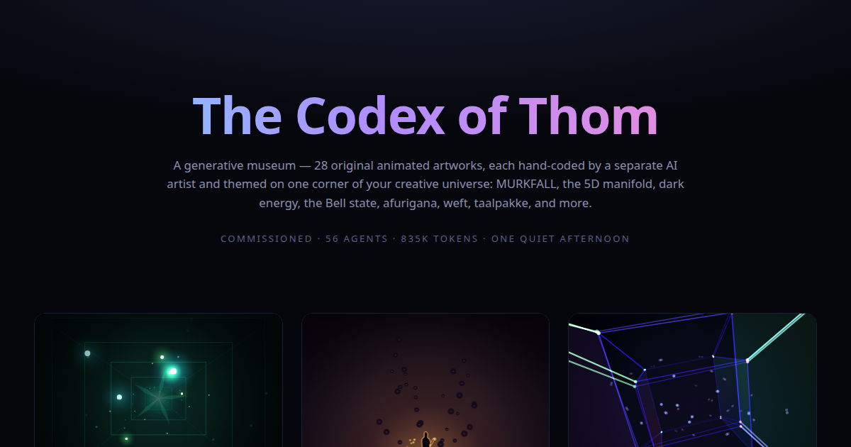 The Codex of Thom — a dark gallery grid of glowing generative artworks: green Murk-orbs, an entangled qubit pair, a redshifting galaxy field, a spectrum bloom and a node graph