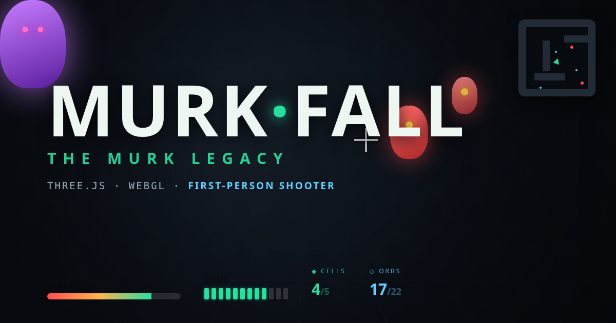MURKFALL title screen — neon FPS HUD with health bar, ammo shells, Power Cell and Murk-orb counters, a minimap and red Murk-drones