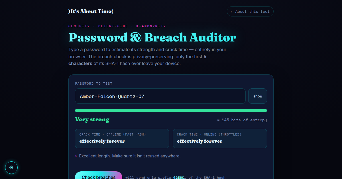The Password & Breach Auditor showing a strength meter, entropy, crack-time estimates and the breach check