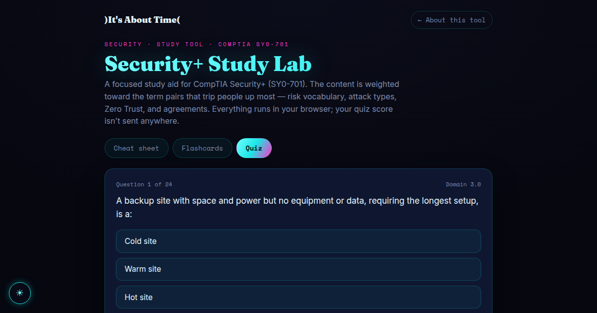 The Security+ Study Lab showing a practice-quiz question with multiple-choice options and a live score