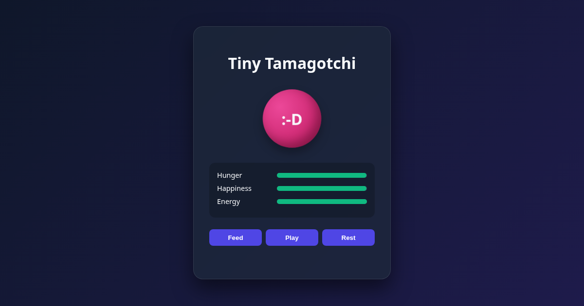 The Tiny Tamagotchi pet with hunger, happiness and energy bars and feed / play / rest buttons