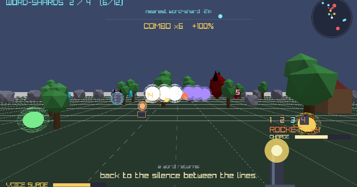 Etheric Grove gameplay — a first-person view across a prop-scattered clearing at twilight