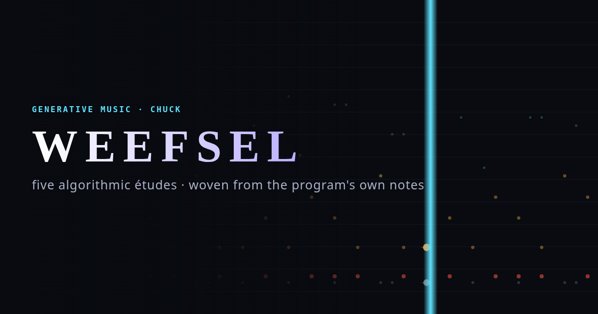 WEEFSEL title over a loom of coloured note events scattered across a dark canvas with a glowing vertical now-line