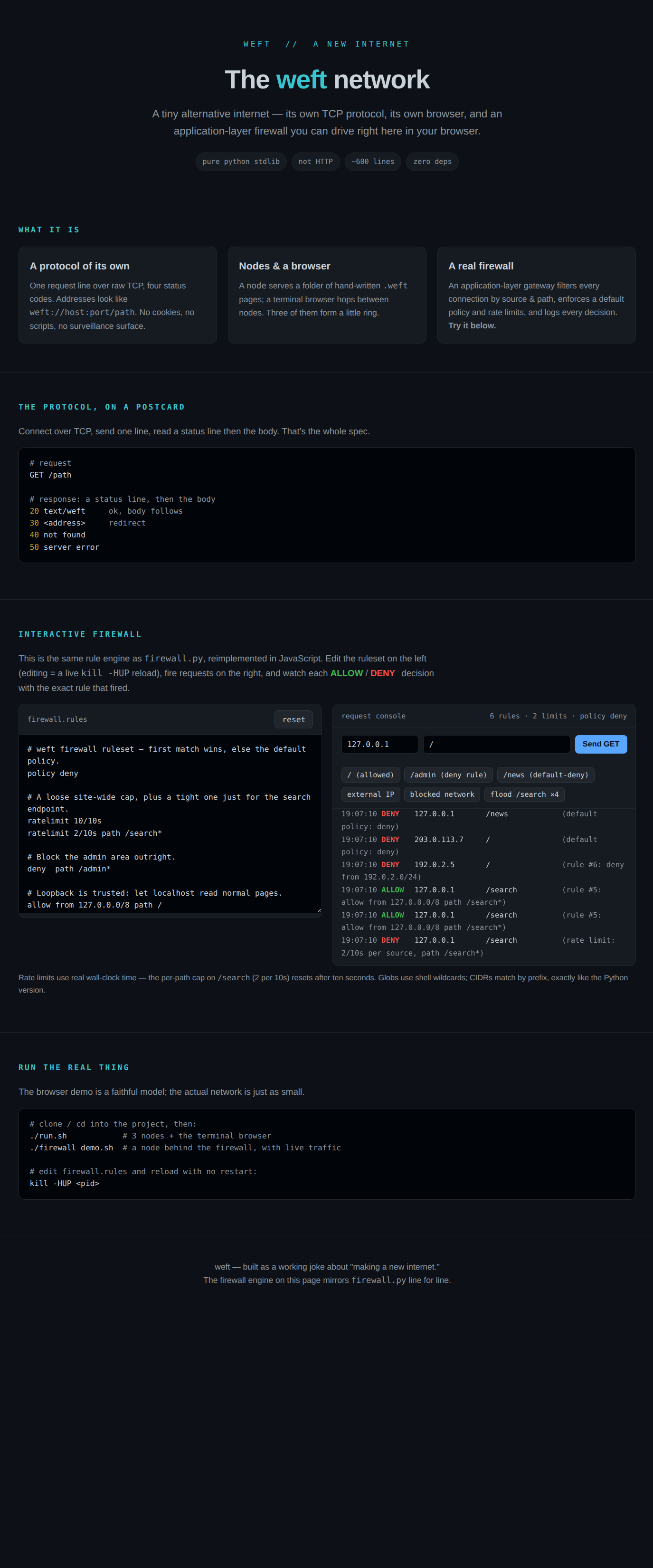 The weft demo page with its interactive firewall simulator