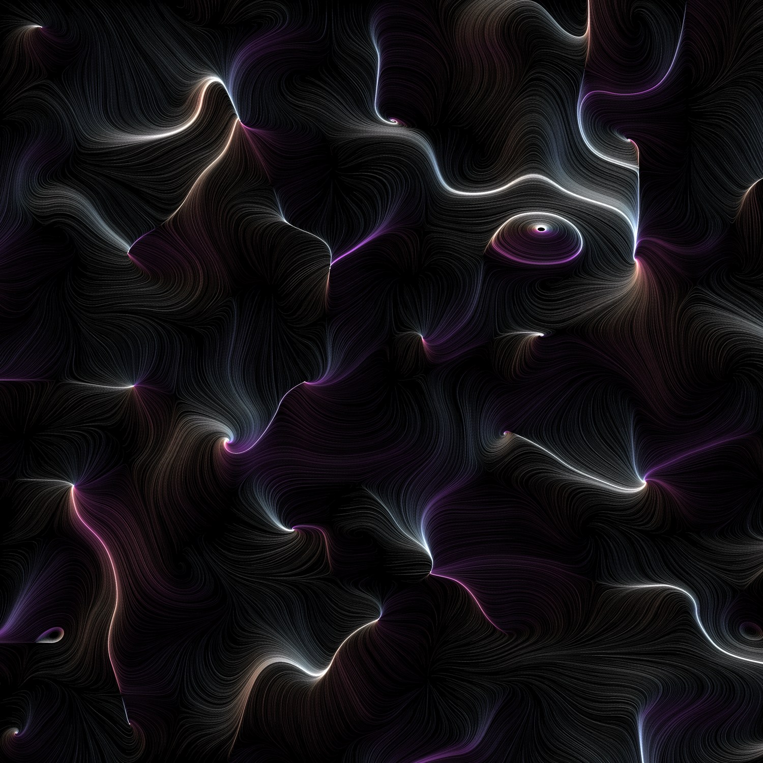 A flowing, swirling field of fine filaments in deep violet, cream and teal, generated from quantum-random bytes